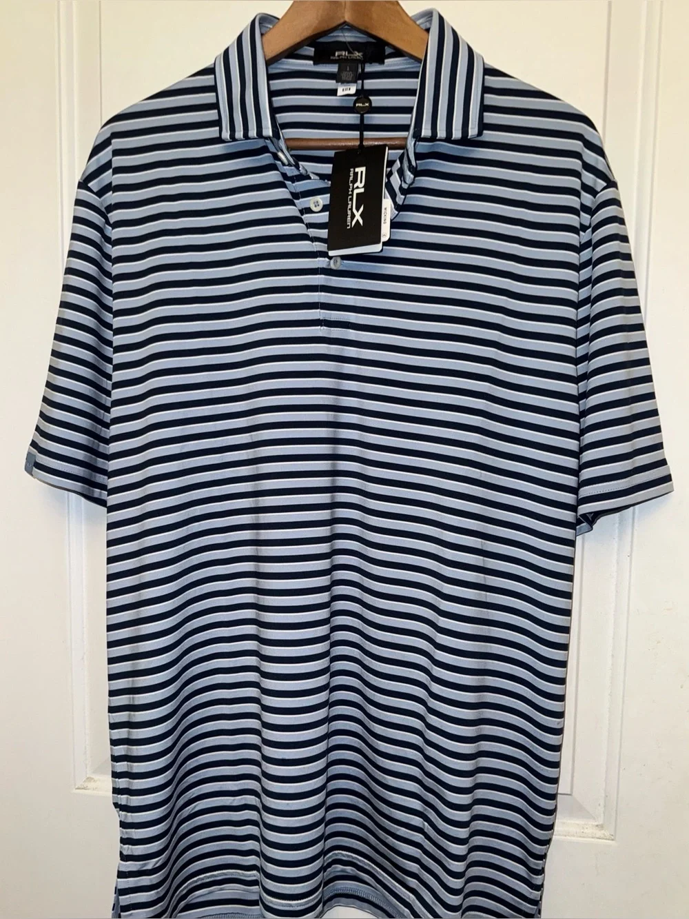 NWT RLX Ralph Lauren Golf Concept 1 Performance Polo in Navy/Light Blue Stripes